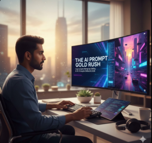 a man using desktop to design ai prompt to earn money