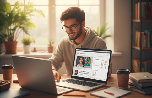 A cozy evening workspace featuring a laptop and a cup of coffee under a warm desk