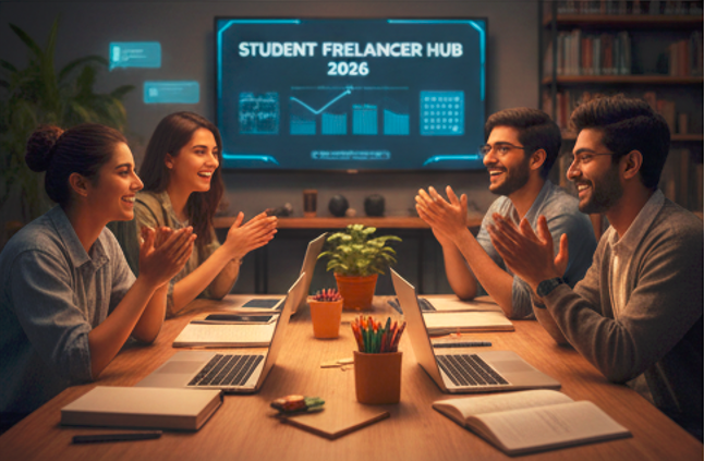 freelancers with laptop and monitor showing freelance platforms.