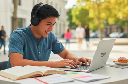 A male worker smiling while completing an online data entry assessment