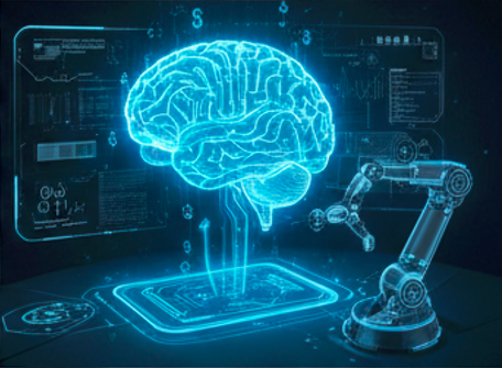 Digital illustration of a glowing blue AI brain