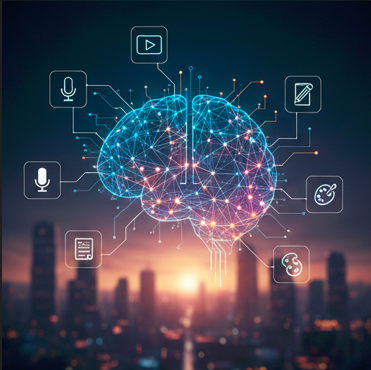 A glowing digital neural network brain over a city skyline at sunset, to represent AI content creation
