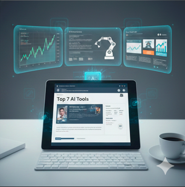 A clean desk setup featuring a tablet displaying a blog titled Top 7 AI Tools