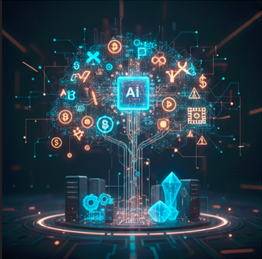 Glowing tree formed by digital circuits and currency symbols, symbolizing the growth of income artificial intelligence technologies