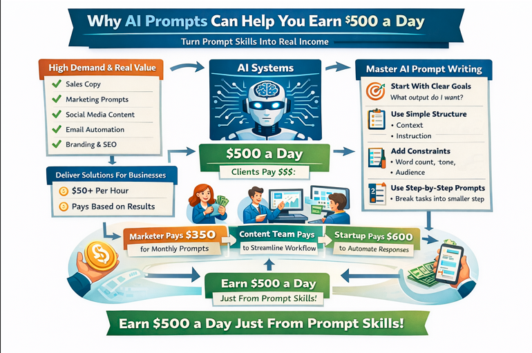 Prompt engineering income workflow demonstrating AI prompts for marketing, SEO, email automation, and client projects
