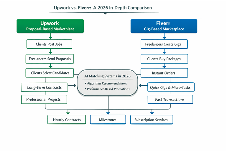 Upwork vs Fiverr 2026 comparison flowchart showing marketplace vs gig based freelance platform