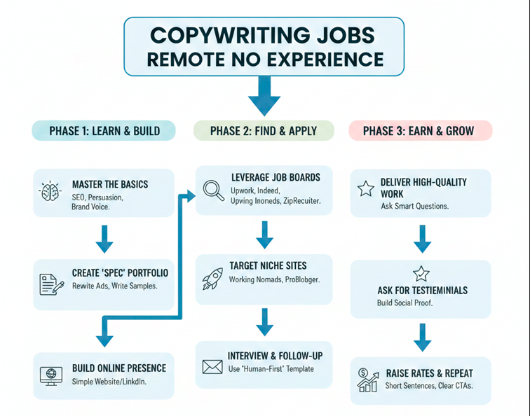 Flowchart showing how to get copywriting jobs remote no experience by mastering SEO and building a spec portfolio.