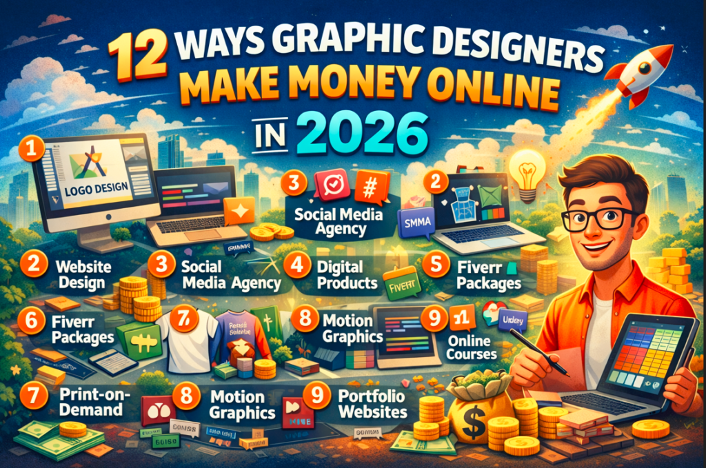 Step-by-step infographic showing how to make money as a graphic designer in 2026