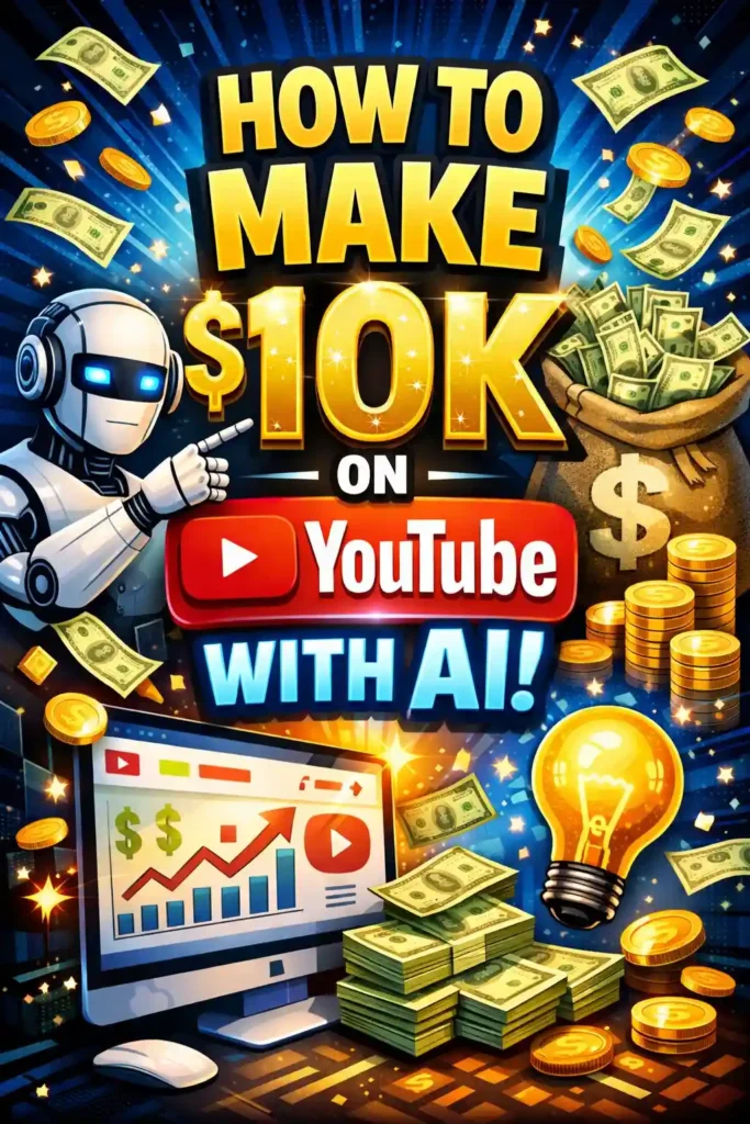 image showing how to make 10k from you tube with the help of AI