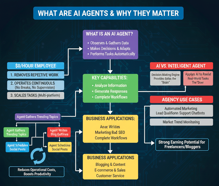 AI agents are and their business applications, comparing AI vs. Intelligent Agents with real-world examples