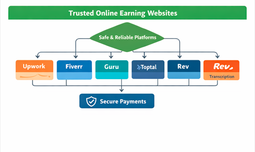 Online earning websites diagram showing freelance platforms