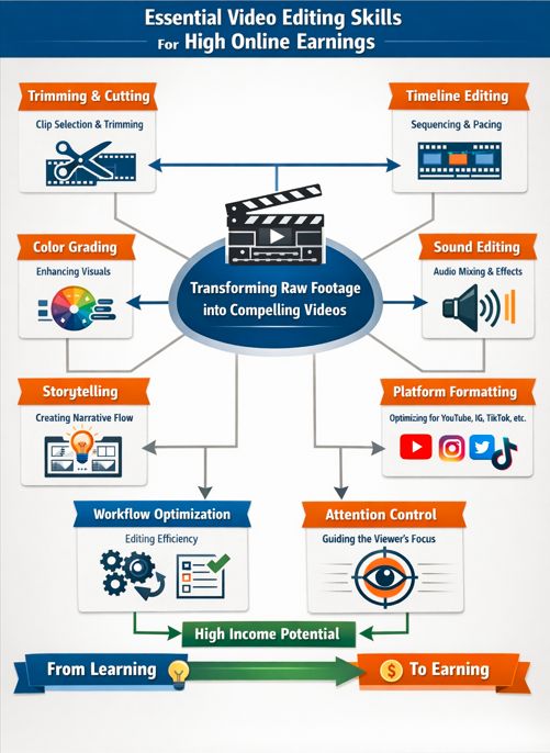 Complete video editing skills roadmap from beginner basics to high online income with workflow 