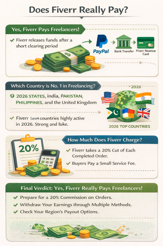 Fiverr payment and fees flowchart showing payout methods, commission structure, freelancing countries