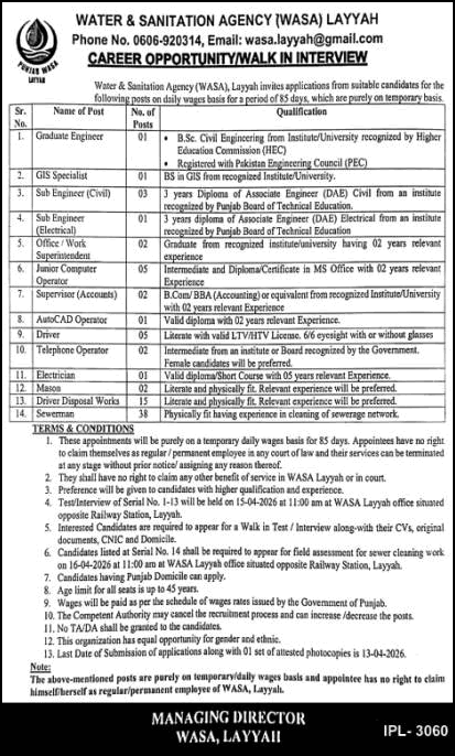 Walk in Interview WASA Layyah Jobs 2026  Apply Now