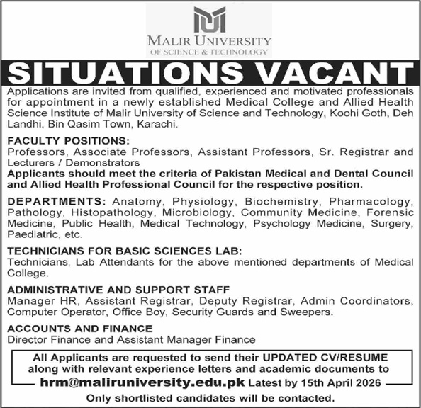 This image showing  the latest jobs in Malir university Karachi 2026