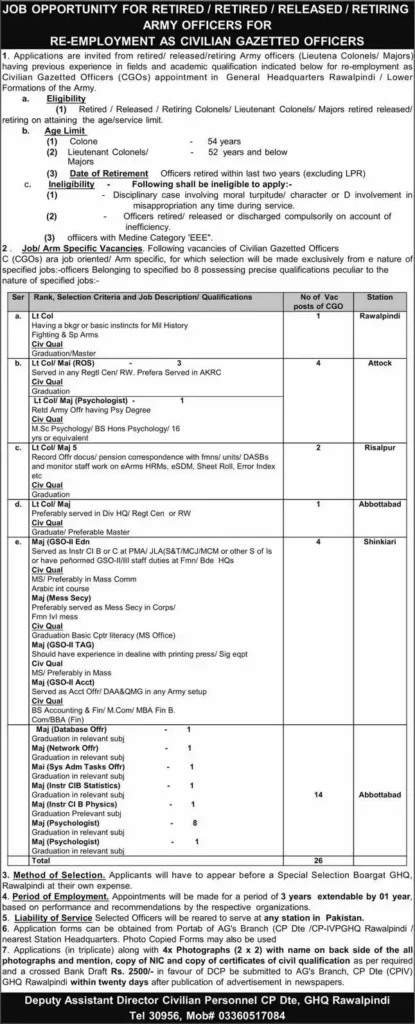 Jobs at Pak Army CGO Re-Employment 2026  Apply Online